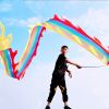3 Meters (9.8 FT) Golden Scale Silk Dragon POI Outdoor Flinging Wind Spinners & Fitness Dragon Dance Wu Long 3D dragon Ribbon Streamer with Fiberglass