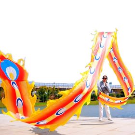 19.6ft Washable Silk-like Dragon Poi for Kids & Adults, 6 meters of Outdoor Flinging Fitness Dance with 3D Rainbow Color Dragon Ribbon Streamer Set (Color: Yellow Phoenix)