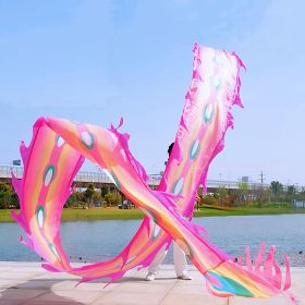 19.6ft Washable Silk-like Dragon Poi for Kids & Adults, 6 meters of Outdoor Flinging Fitness Dance with 3D Rainbow Color Dragon Ribbon Streamer Set (Color: Pink Phoenix)